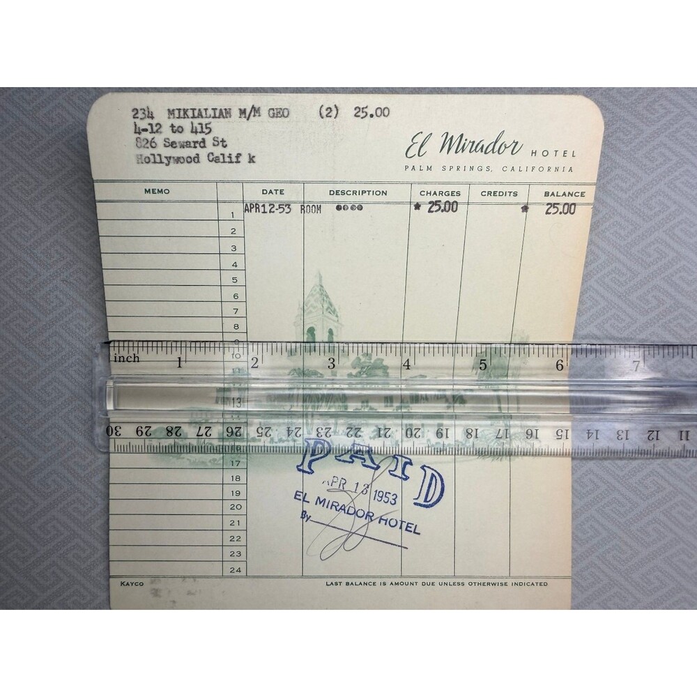 Vintage 1953 El Mirador Hotel Palm Springs CA Paid Hotel Bill Receipt Ephemera